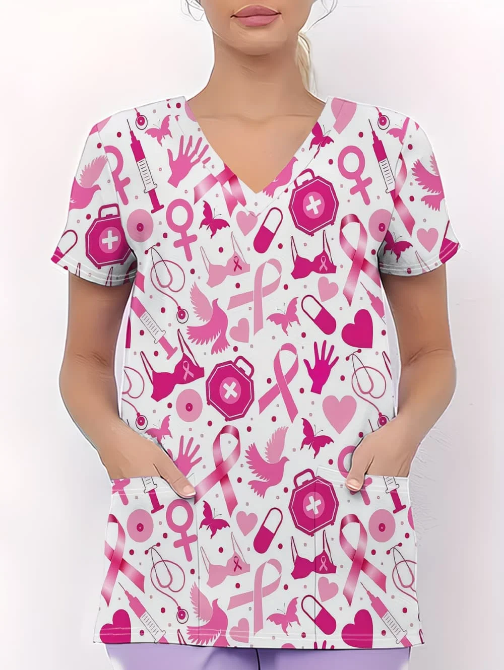 

Scrub Medical Woman Breast Cancer Scrub Tops for Women V Neck Short Sleeve Cute Ribbon Prints Mock Blouse Pink Medical Uniforms