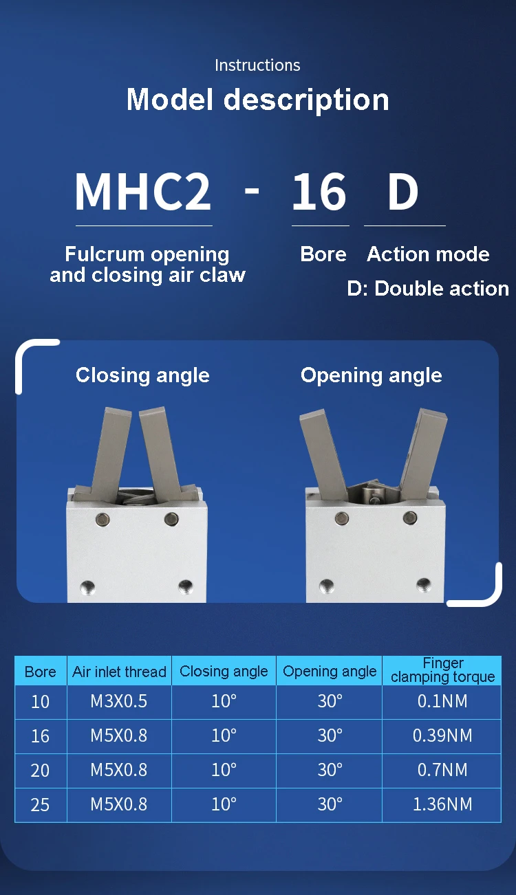 MHC2 Serie Pneumatischer Fingerzylinder mit Drehpunkt, Öffnungs- und Schließfunktion, Luftgreifer, doppelt- und einfachwirkend, Winkel-Luftklauenroboter, pneumatisch – Detail 2