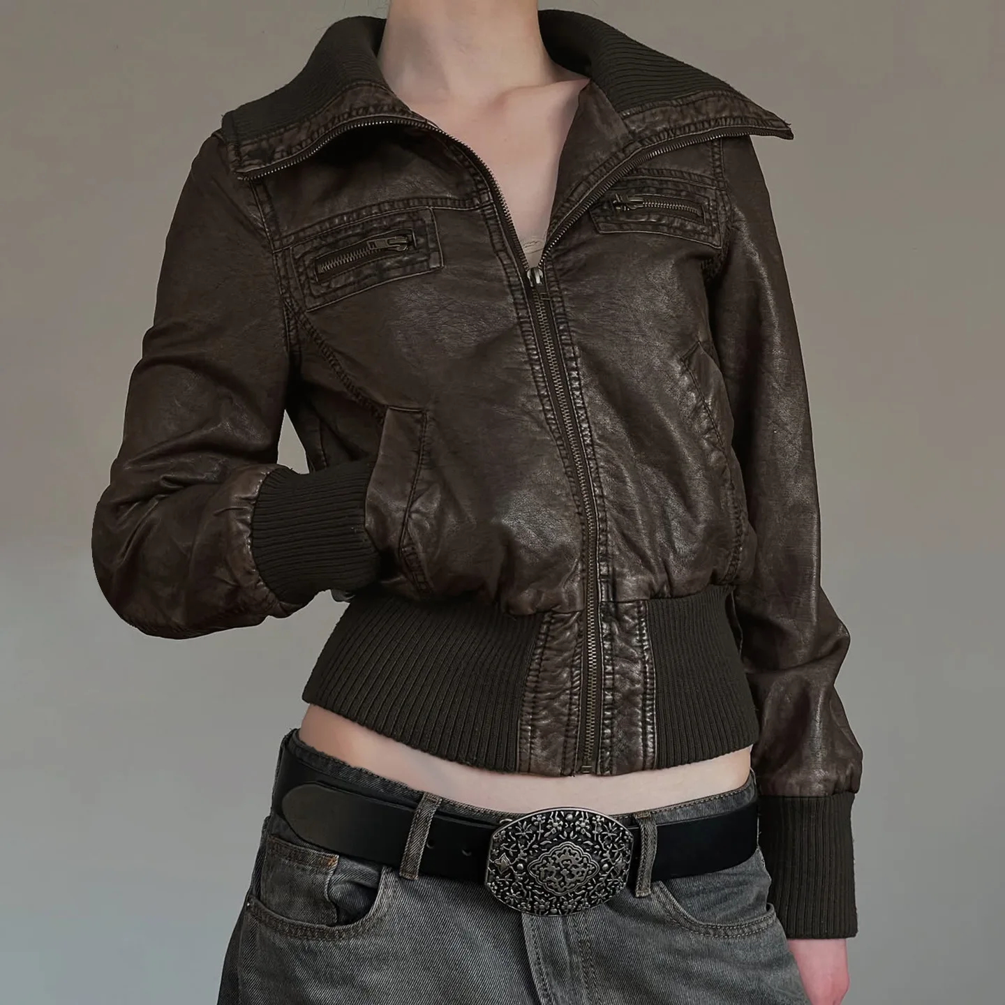 American Style Slim Fit Zipper Collar Pure Color Leather Patchwork Jacket Street Simple Workwear Style Hot Girl Coat For Women