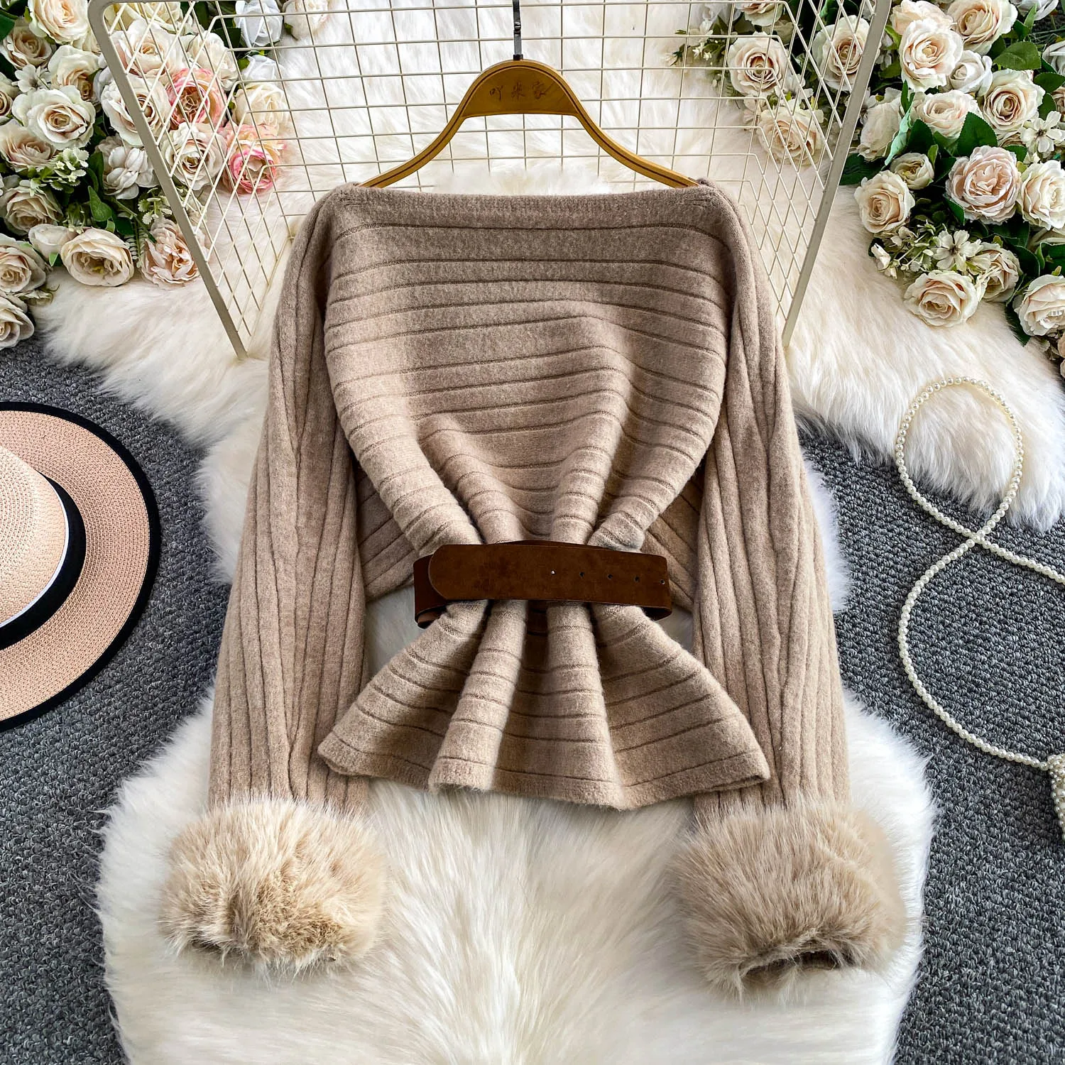 

Женский зимний свитер с манжетами из искусственного меха, топы с поясом на талии, женские пуловеры с разрезом на шее, женский вязаный топ на Рождество и Рождество, фестиваль