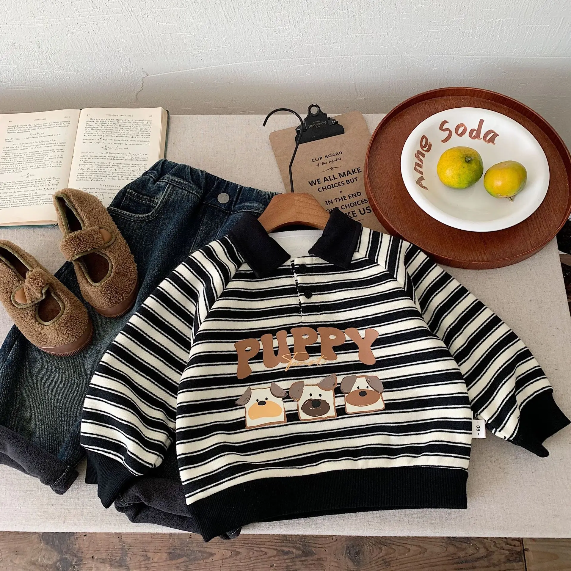 

2025 Winter Children 3-8Y Boys Sweatshirt Turn Down Collar Striped Thick Warm Kid Boy Pullovers Cartoon Printed Teenager Boy Top
