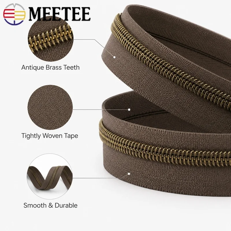 2-20Meters 5# Bronze Teeth Nylon Zipper Tape Continuous Coil Roll for Bag Clothing Pocket Sewing Replacement Decorative Closure