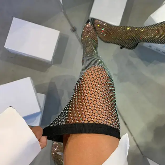 2024 new Full Rhinestone Mesh Summer Boots Women Thigh High Over The Knee Sandals Banquet all match women's pointed toe boots