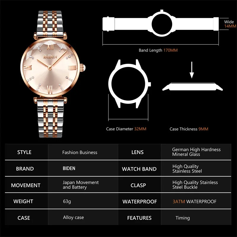 Elegant Womens Watch Top Brand BIDEN Stainless Steel Rose Gold Simple Ladies Watches Fashion Waterproof Quartz Wristwatch Hot