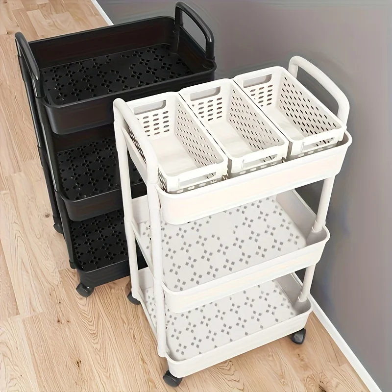 Multi-Layer Storage Organizer Cart - Durable Plastic,Easy to Move,Ideal for Kitchen,Bathroom, Bedroom - White and Black, 2D Flat