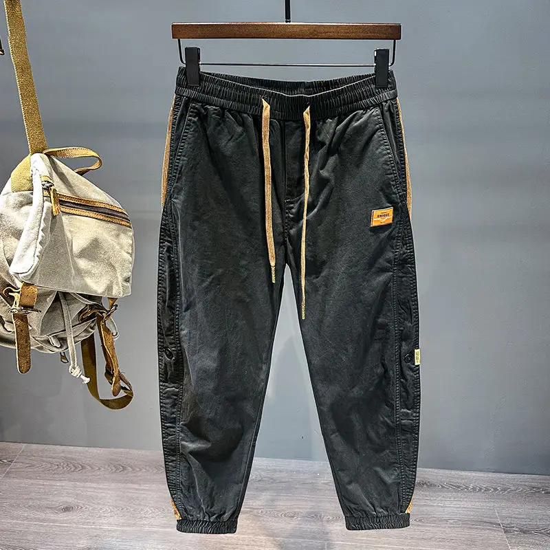 American Work Pants Men Spring and Autumn Handsome Tying Feet Casual Loose Splicing Contrasting Color Sports Trousers