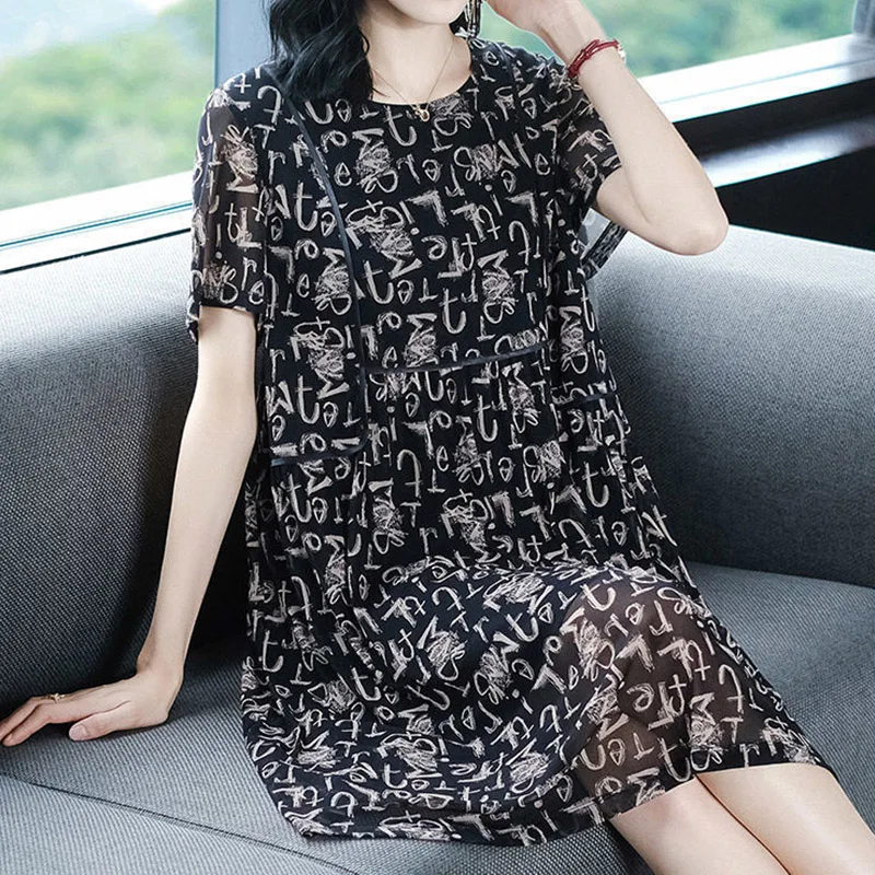 Elegant Fashion Casual Printed Gauze Dresses Summer 2023 New Streetwear Short Sleeve O-Neck Pullover Midi Dress Women\'s Clothing