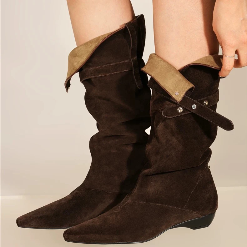 

Brown Suede Slouchy Knee High Boots Fashionable Pointed Toe Boots Buckle Strap Contrast Turn Down Collar Boots for Autumn Winter