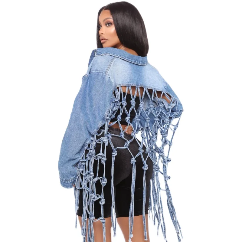 

Women's Long Sve Hollow out Ba Me Fringed Denim Jaet Street Sle Collar Button Closure ort Loose Fit Coat