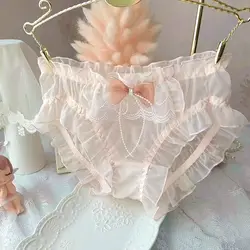 Women Sexy Mesh Thin Transparent Ruffles Bow Underwear Cute Lovely Sweety Princess Style Breathable Quick Drying Panties Breifs