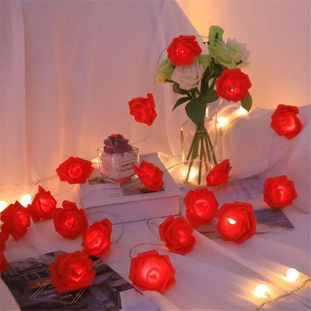 Valentinstag 3m 20 LEDs Rosen-Blumen-Lichterkette Batteriebetrieben Romantische Rote Rosa Rosenlichter Künstliche Blumen LED-Lampe