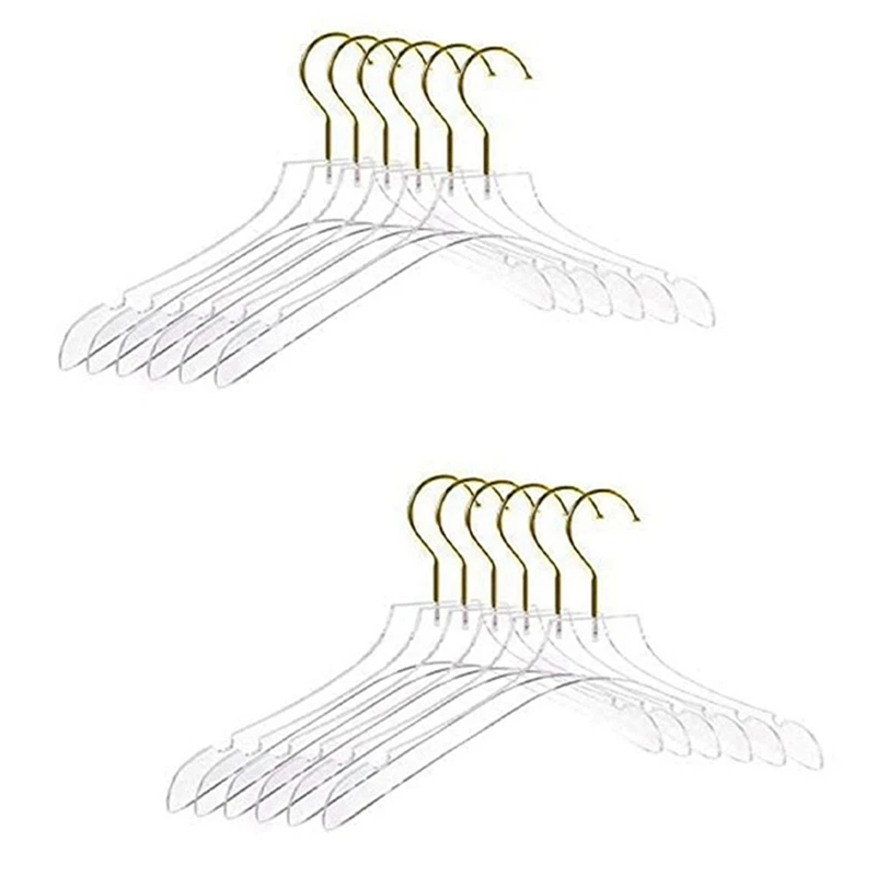 

10 Pcs Clear Clothes Hangers With Gold Hook, Transparent Shirts Dress Coat Hanger With Notches For Lady Kids Small