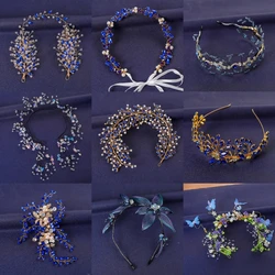 Blue Crystal Hairband Tiara For Women Party Rhinestone Pearl Headband Bridal Wedding Hair Accessories Jewelry Comb Band Tiara