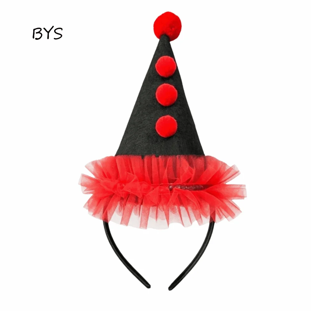 Plush Ball Halloween Joker Headband Dot Grid Ruffle Clown Headwear Classic Colorful Joker Hats Hair Hoop Circus Performance