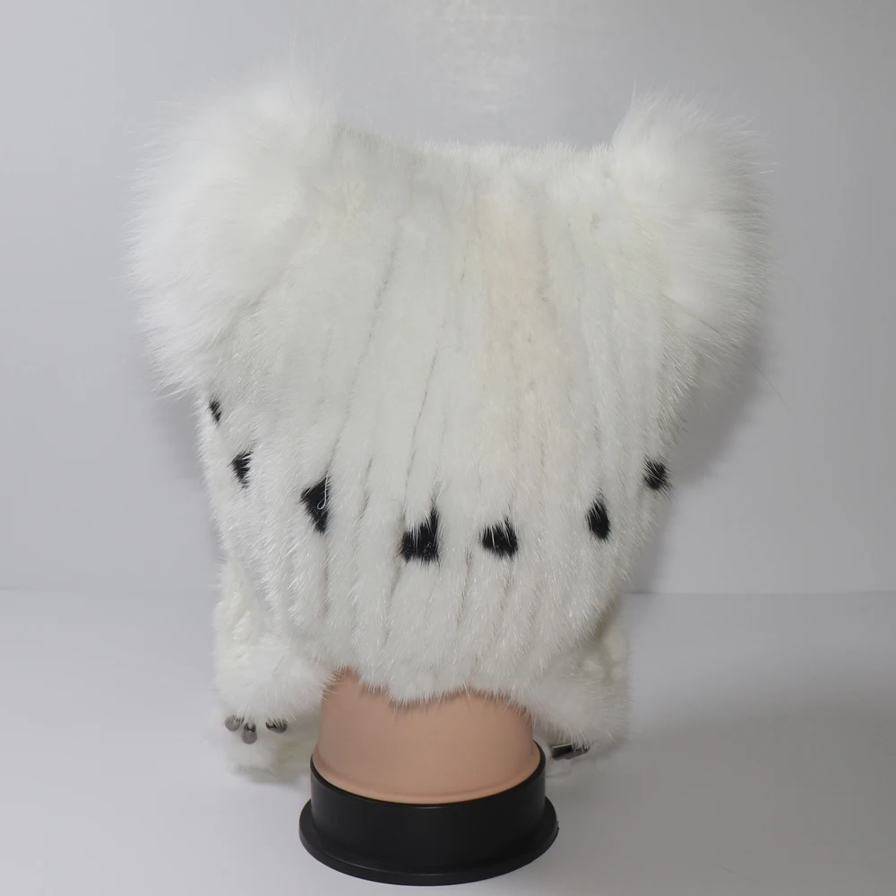 Mink Fur Hat For Women Winter Knitted Natural Mink Fur Hats With Tail Good Quality Warm 100% Real Mink Fur Ear Protection Caps