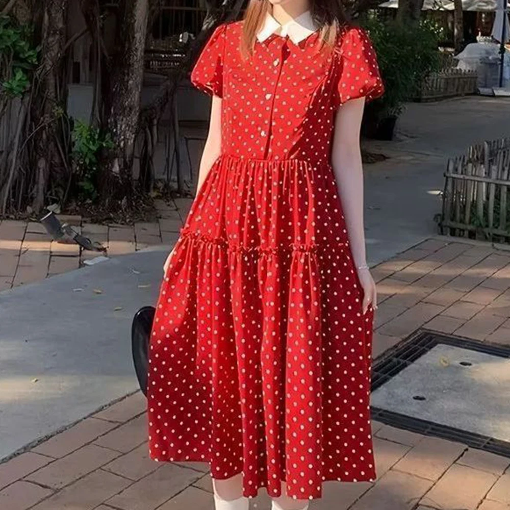 

2026 Hepburn style red polka dot dress women's summer lapel collar short sleeve waist thin retro dress