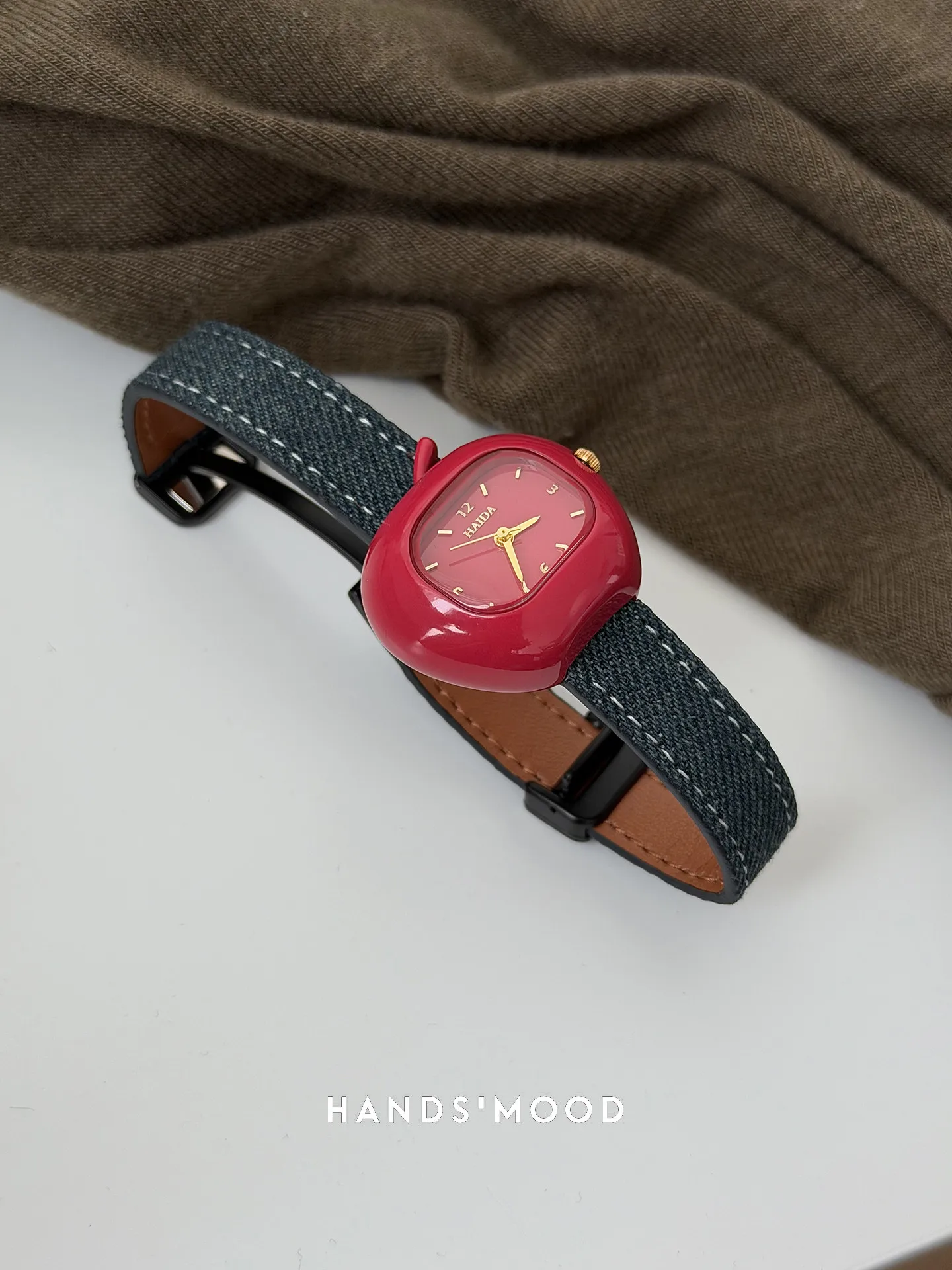 Red Watch with Denim Blue Design Stylish Compact Luxe-Inspired with Magnetic Clasp A Fashionable and Unique Timepiece for Women