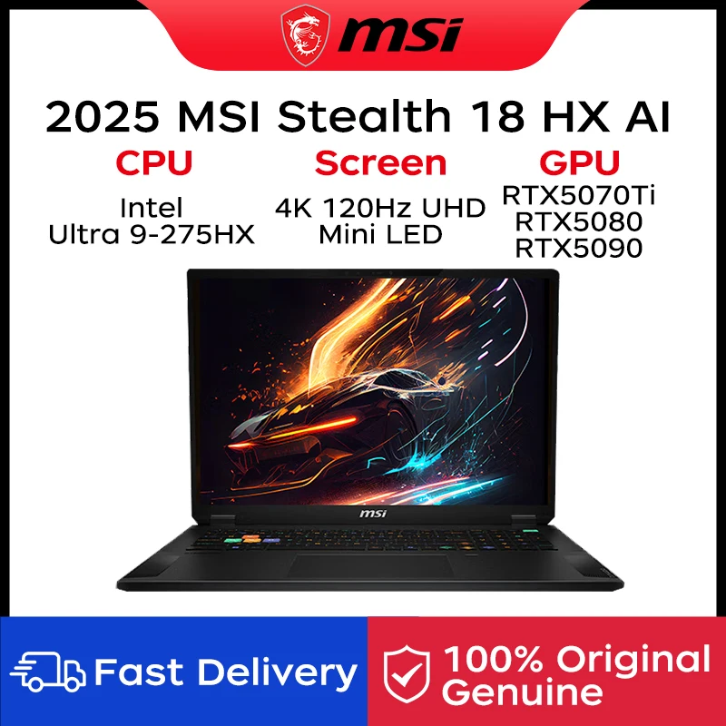 Portátil para Juegos MSI Stealth 18 HX AI 2025, Pantalla MiniLED 4K de 18 Pulgadas y 120Hz, Intel Ultra 9-275HX, 64GB, 2TB, RTX5090