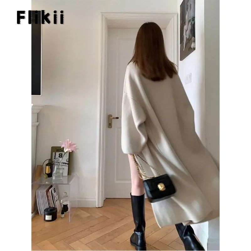 Women Chic Casual Style Solid Color Knitting Long Sleeve X-long Cardigans 2024 Winter Fashion Sexy Oversized Simple Sweater