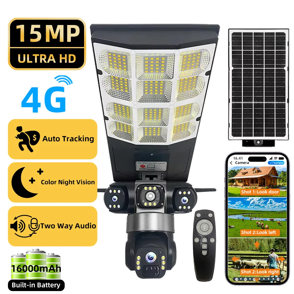 

Solar 4G Street Light Camera 15MP 10X Zoom Triple Lens Recording Humanoid Tracking Outdoor Camera Lamp Remote Control Waterproof