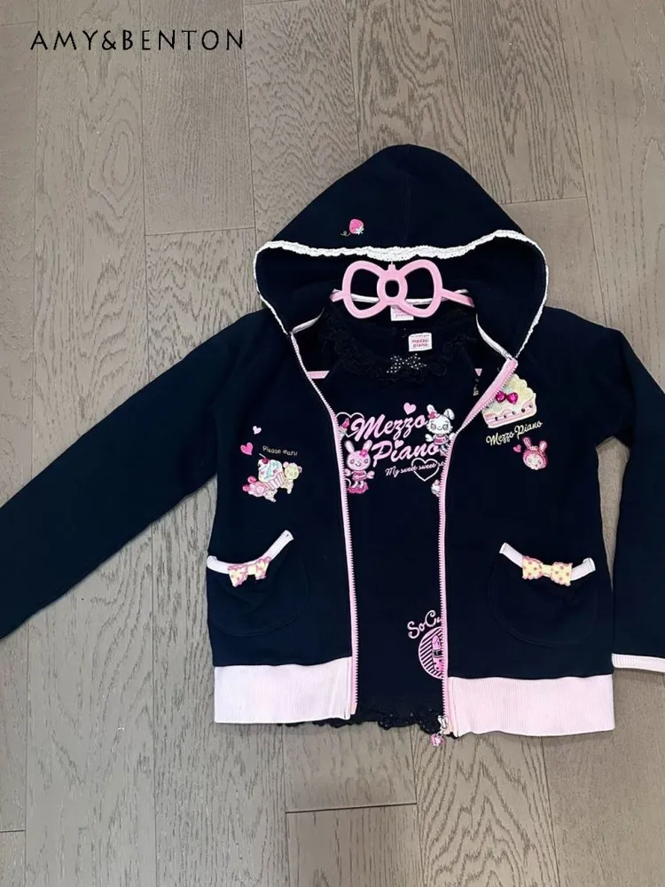 Printemps automne japonais doux mignon dessin animé imprimé veste à capuche pour les femmes Anime fille nœud poche Patchwork couleur veste courte ample