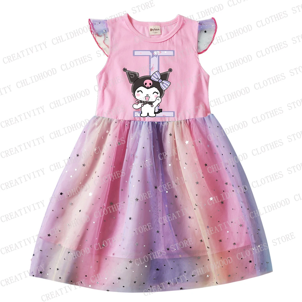 Neue Kuromis drucken Kinder Brief a b c d Kleider Mädchen Prinzessin Cartoons Mädchen Kleid Freizeit kleidung Gaze Kind Baby Mode Geschenke