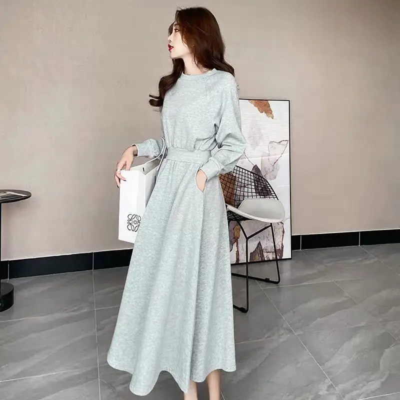 Casual Solid Elastic High Waisted Spring Summer Dress Women Long Sleeves Big Hem Dresses Ladies Basic Black White Long Sundress