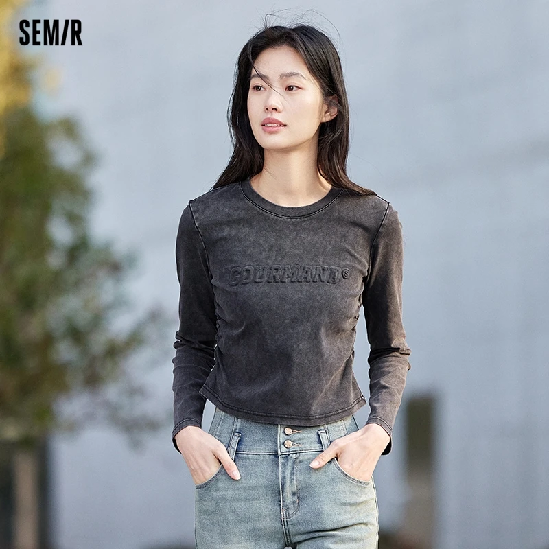 Semir 2024 Long-Sleeved T-Shirt Women Short Old Retro Tight 2024 New Spring Street Letter Pullover Trendy And Cool