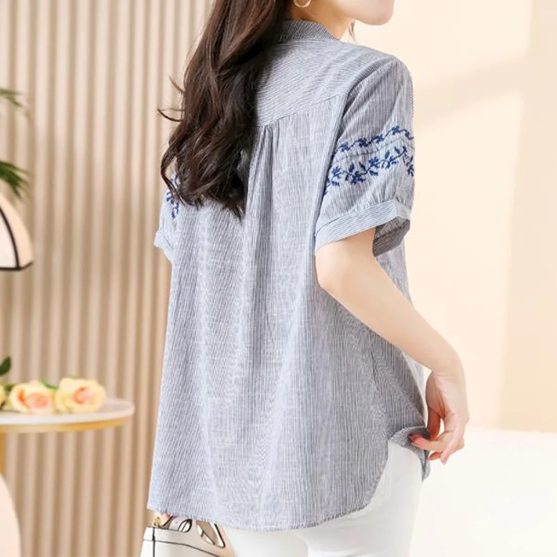 Vintage Stand Collar Pullover Top Tee 100% Cotton Summer Women's Clothing Grey Stripe Embroidery Printing Loose-fitting T-Shirt