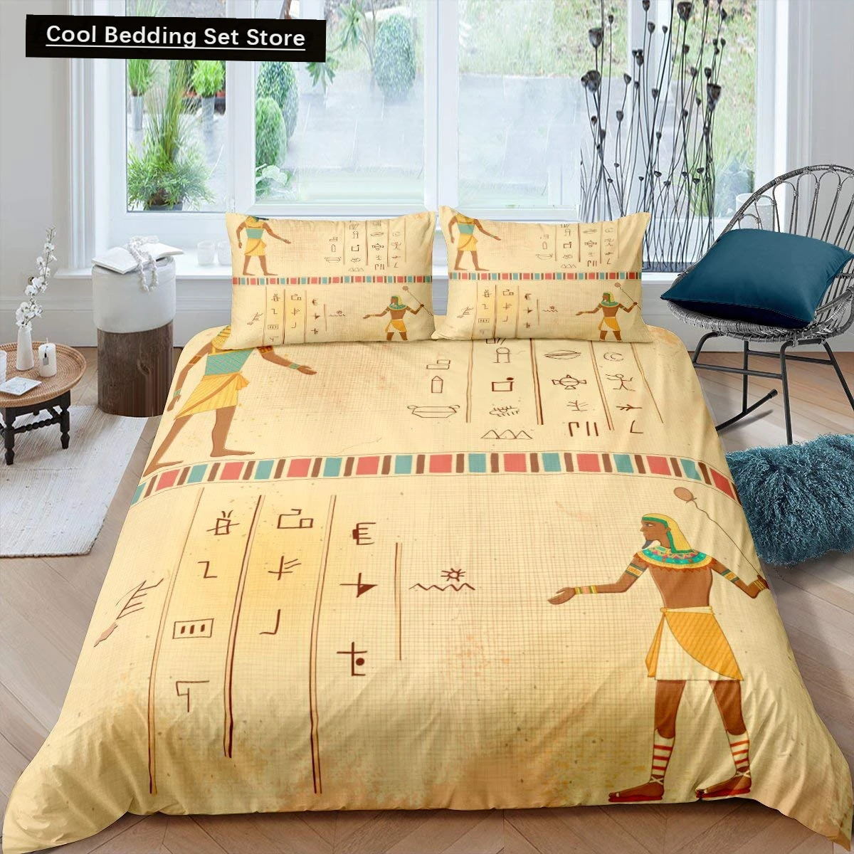 

Ancient Egypt King Queen Duvet Cover Egyptian Symbol Bedding Set Pharaoh Pyramid Boho Comforter Cover Soft Polyester Quilt Cover