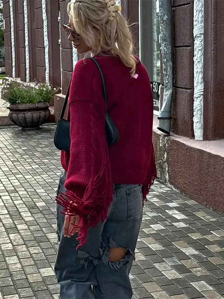 Women Fashion Red Tassels Knitted Cardigan V Neck Single Breasted Long Sleeve Sweater 2024 Autumn Female High Street Outerwear