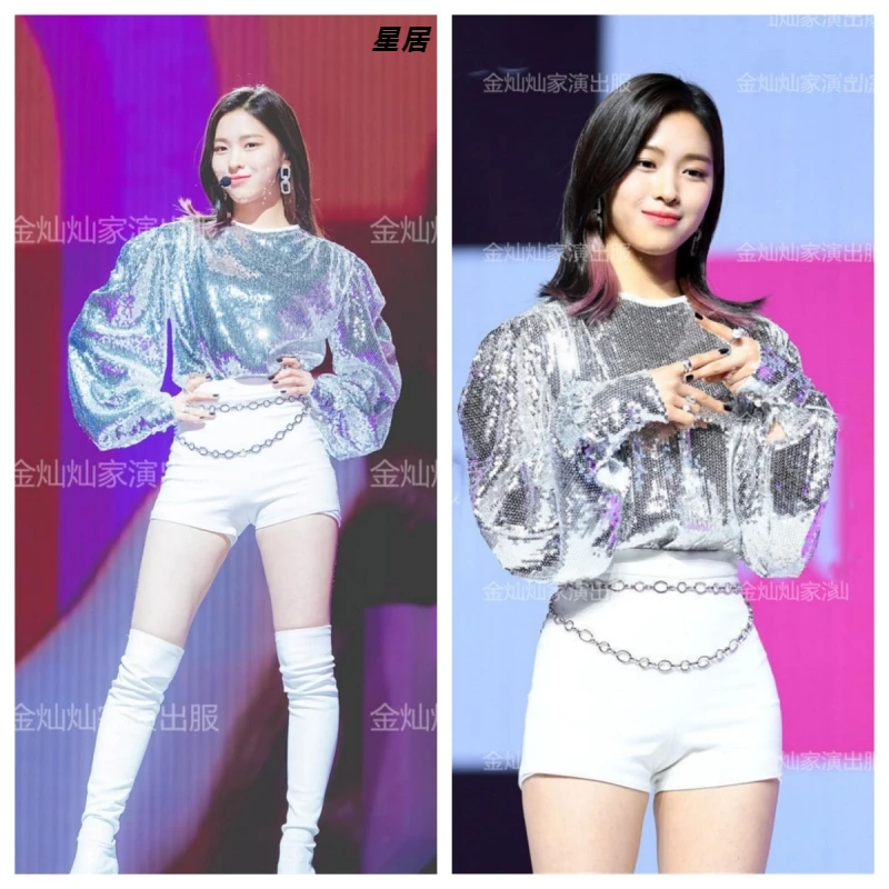 

Kpop Women Group Korean Dancer Sequins Crop Tops Concert Outfits Slim Shorts Stage Costume Festival Clothing Rave Jazz Dancewear