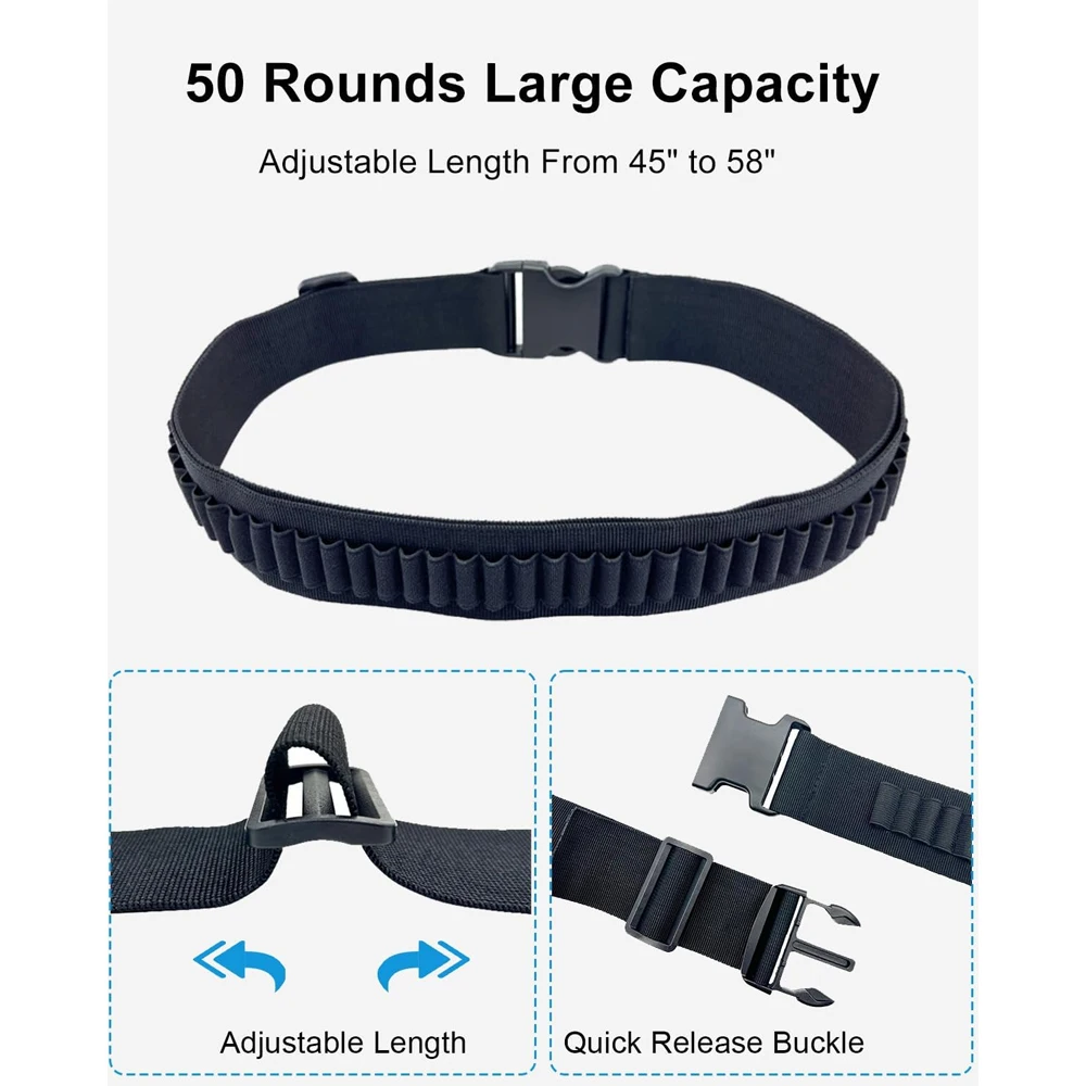 50 Rounds Ammo Belt Adjustable Rifle Cartridge Belt Tactical Ammo Carrier Hunting Accessories for .357 .38 9mm .410 .270 30-30