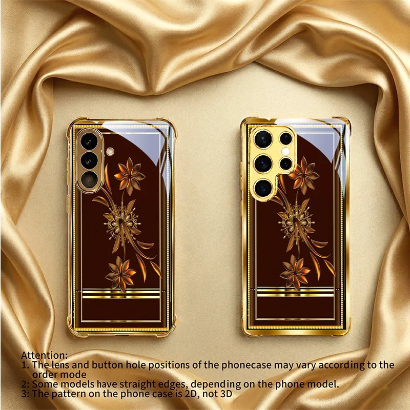 Golden Engraved Pattern Electroplated Golden Four-corner Anti-drop Tempered Glass Phone Case for Samsung Galaxy S26 S25 FE Ultra