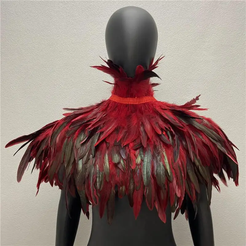 Feder-Schal-Cape – Gotischer Schulterüberwurf aus Naturfedern mit schwarzem Band zum Binden für Halloween, Karneval, Rave, Cosplay-Partys – Detail 19