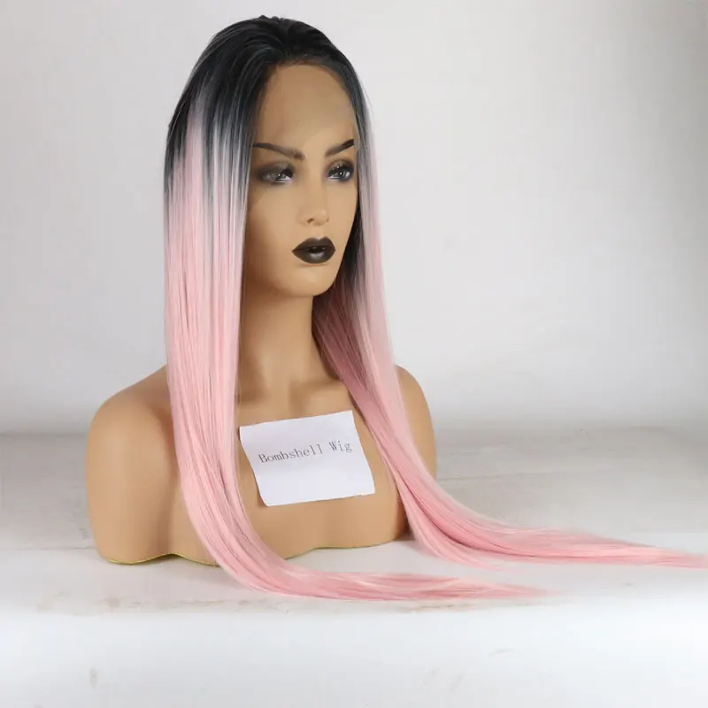 Black Roots Ombre Pink Straight Hair Synthetic 13x4 Lace Front Wigs High Quality Heat Resistant Fiber Natural Hairline For Women