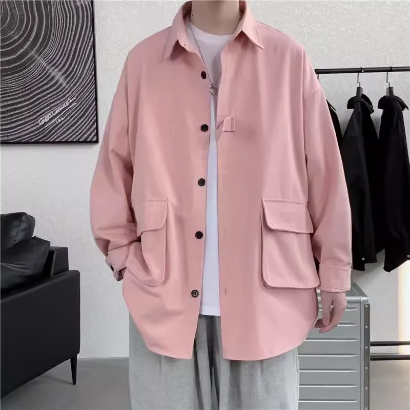 

Workwear Jacket Men's Loose Fitting Trendy Hong Kong Style 2024 Spring Autumn New Coat Korean Version Pink Ruffled Handsome top