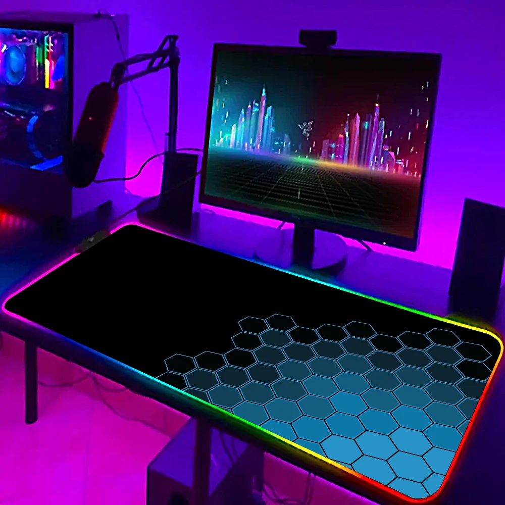 Mouse Pad RGB Blue Hexagonal Honeycomb Geometric Pattern Aesthetics LED Gaming Desk Mat Gamer Cabinet Computer Table Mousepad