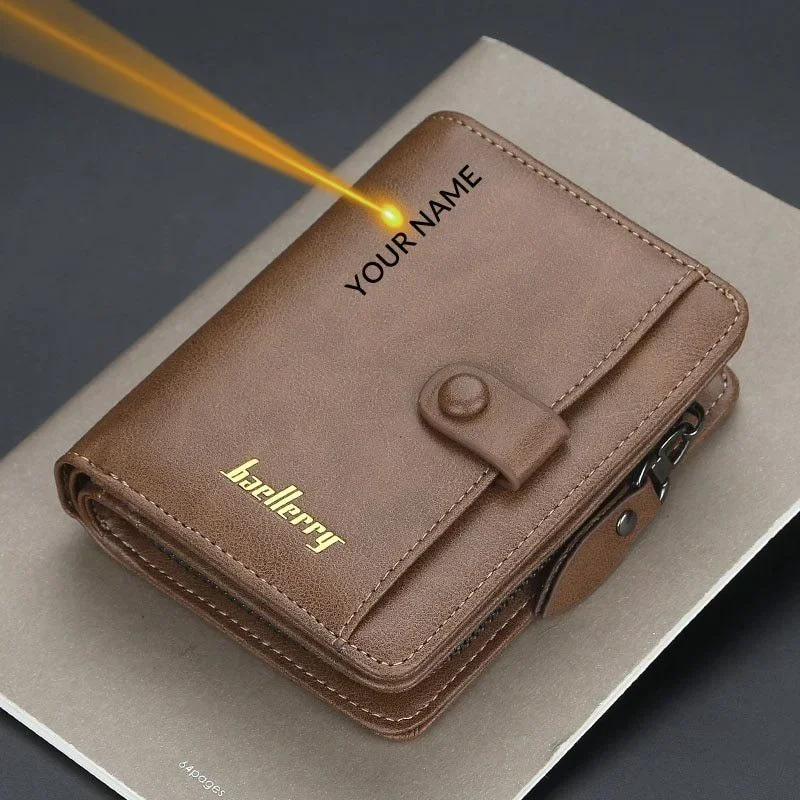 Men's Custom Name Engraved Wallet - High Quality Short PU Leather with Zipper Coin Pocket - Christmas/Father's Day Gift