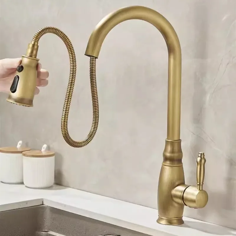 

Kitchen Faucets Antique Sink Faucet Brass Sink Tap Pull Out Rotate Spout Mixers Tap Hot Cold Water Crane