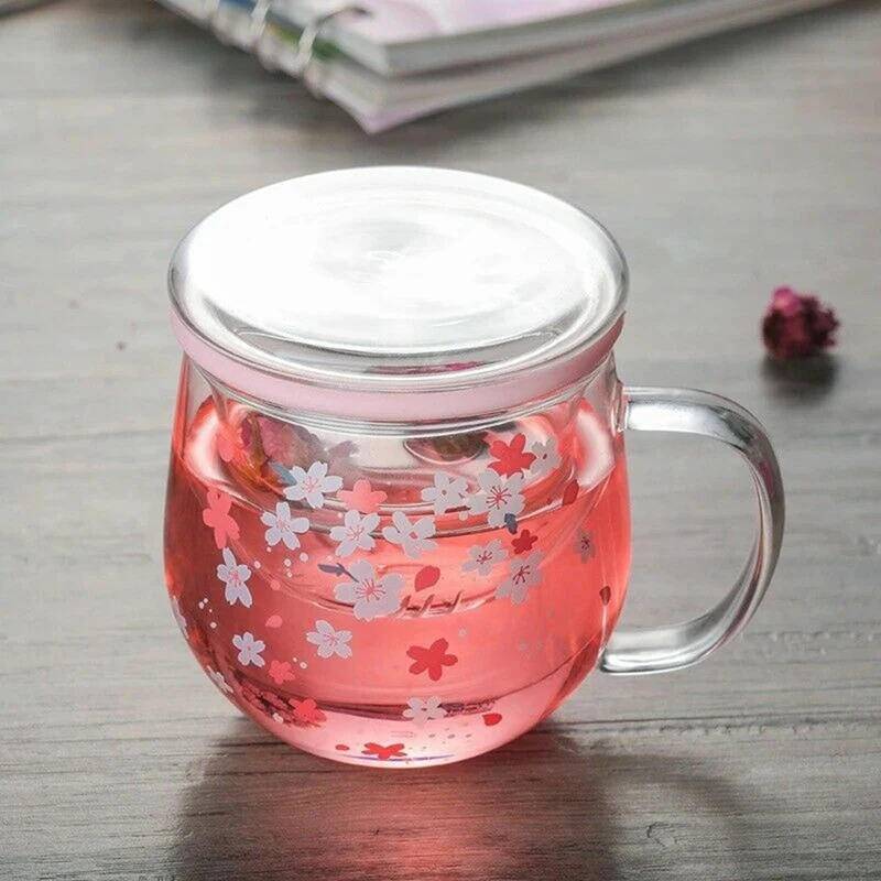 Sakura Mug Glass Mug With Tea Infuser Filter&Lid Cherry Blossoms Cup Set Blossoms Flower Teacup 300Ml Glasses Drinking