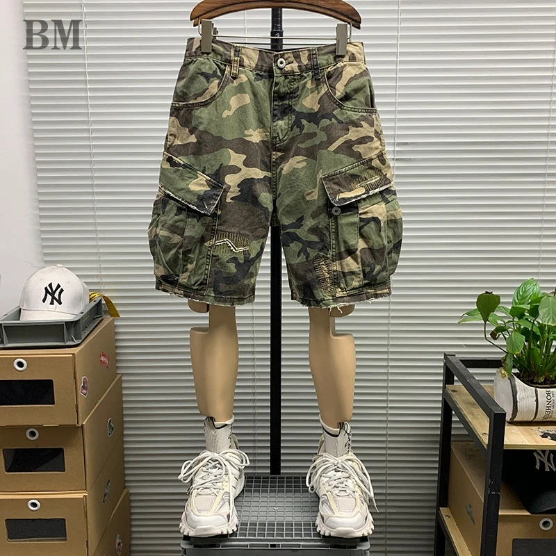 Camo Tactical Shorts Mens Multi Pockets Washed Distressed Cargo Shorts Outdoor Hiking Casual Trendy Streetwear Summer Mid Length