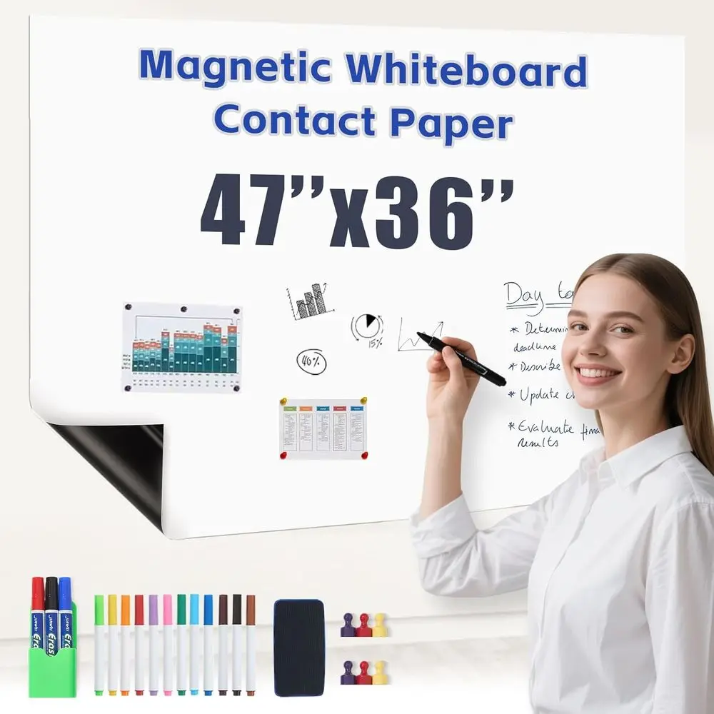 ورق سبورة بيضاء مغناطيسي مقاس 47 × 36 بوصة - كتابة سلسة، سهل المسح، بدون شبح، عصا قوية للمنزل والمكتب والثلاجة #2