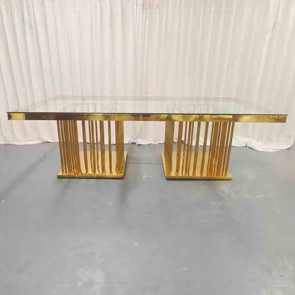 

FSDKX Wholesale Wedding Gold Mirror Glass Stainless Steel Dining Shiny Gold Table Wedding Dining Event Table