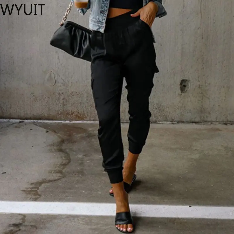 Spring Autumn Fashion Silk Satin Trousers Office Lady Elegant Solid Cargo Pants Casual Women Pocket Elastic Waisted Pants Street