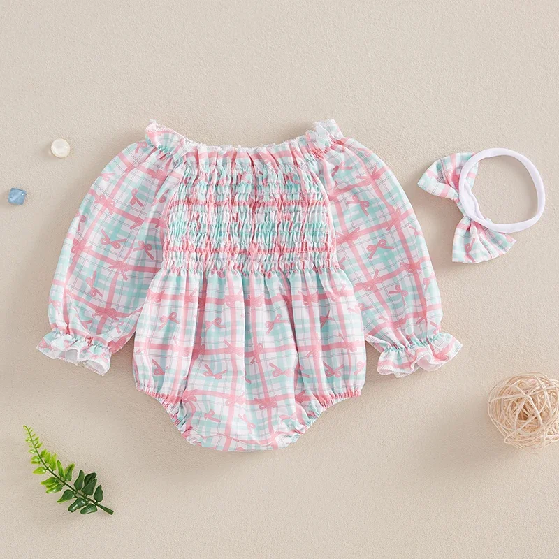 Newborn Baby Girls Rompers Floral/Bowknot Print Long Sleeve Ruffles Pleated Jumpsuits Headband Outfits Newborn Clothes