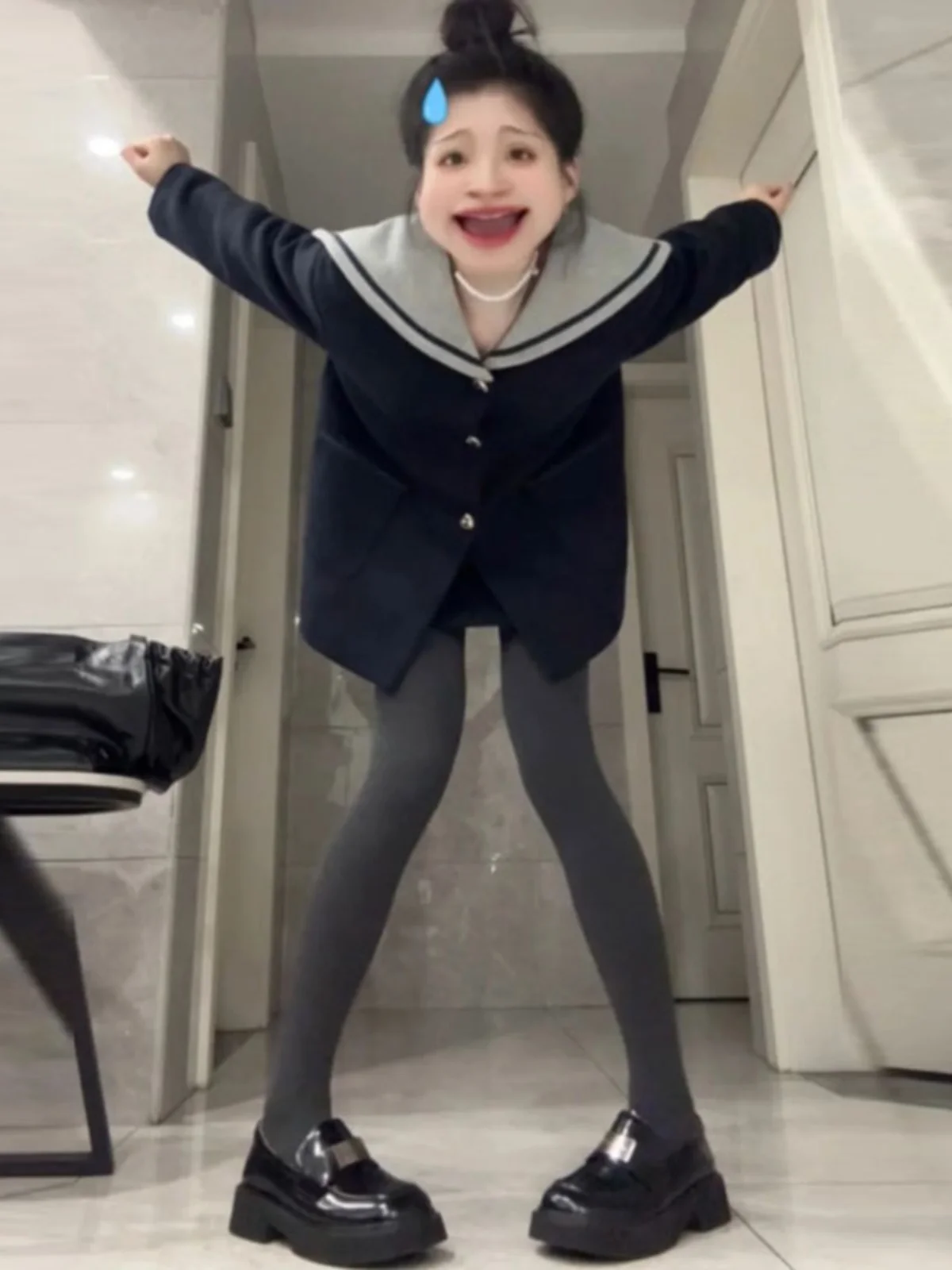 

College Style Navy Collar Woolen Coat And Skirt Set Korean High-End Feel Spring Matching Two-Piece Suit Fashionable Wome...