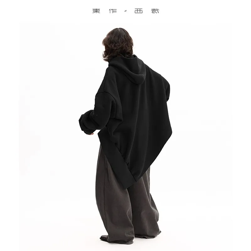 イレギュラー スウェットシャツ ~ ブラック フード付きスウェットシャツ レディース ジャケット、オールコットン、ルーズ、カジュアル、スリム、新しい秋スタイル