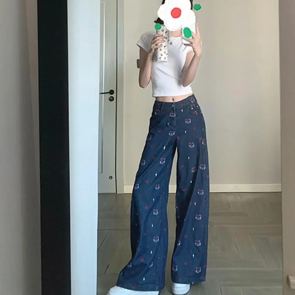 アメリカンスタイル Y2K ハローキティデニムパンツサンリオアニメガールズジーンズかわいい新しい女性夏猫刺繍スリムストレートパンツ