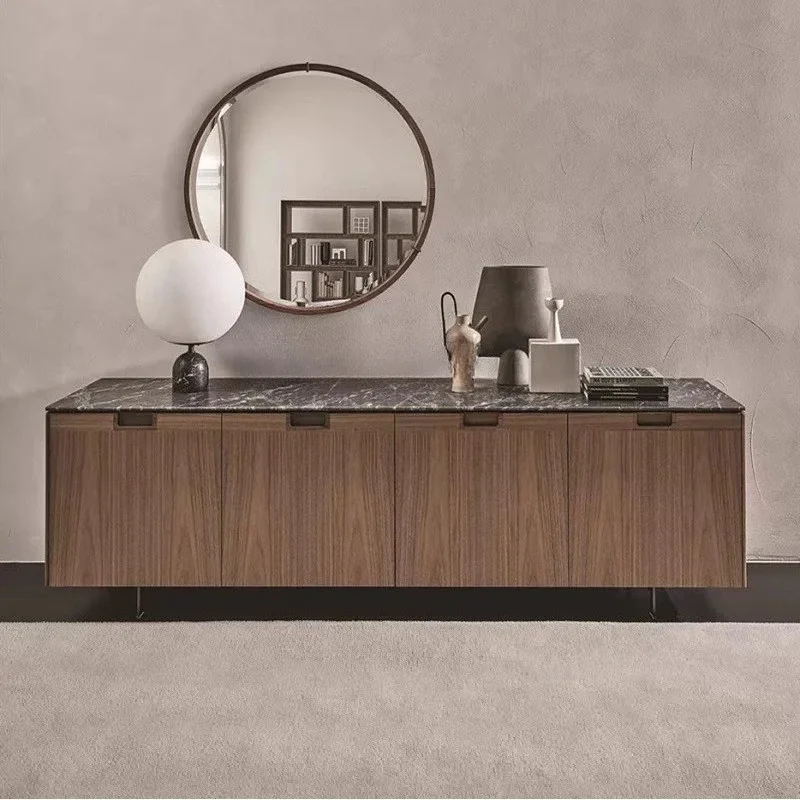 

Italian light luxury high-end walnut TV cabinet marble countertop bedroom low cabinet model room villa long cabinet